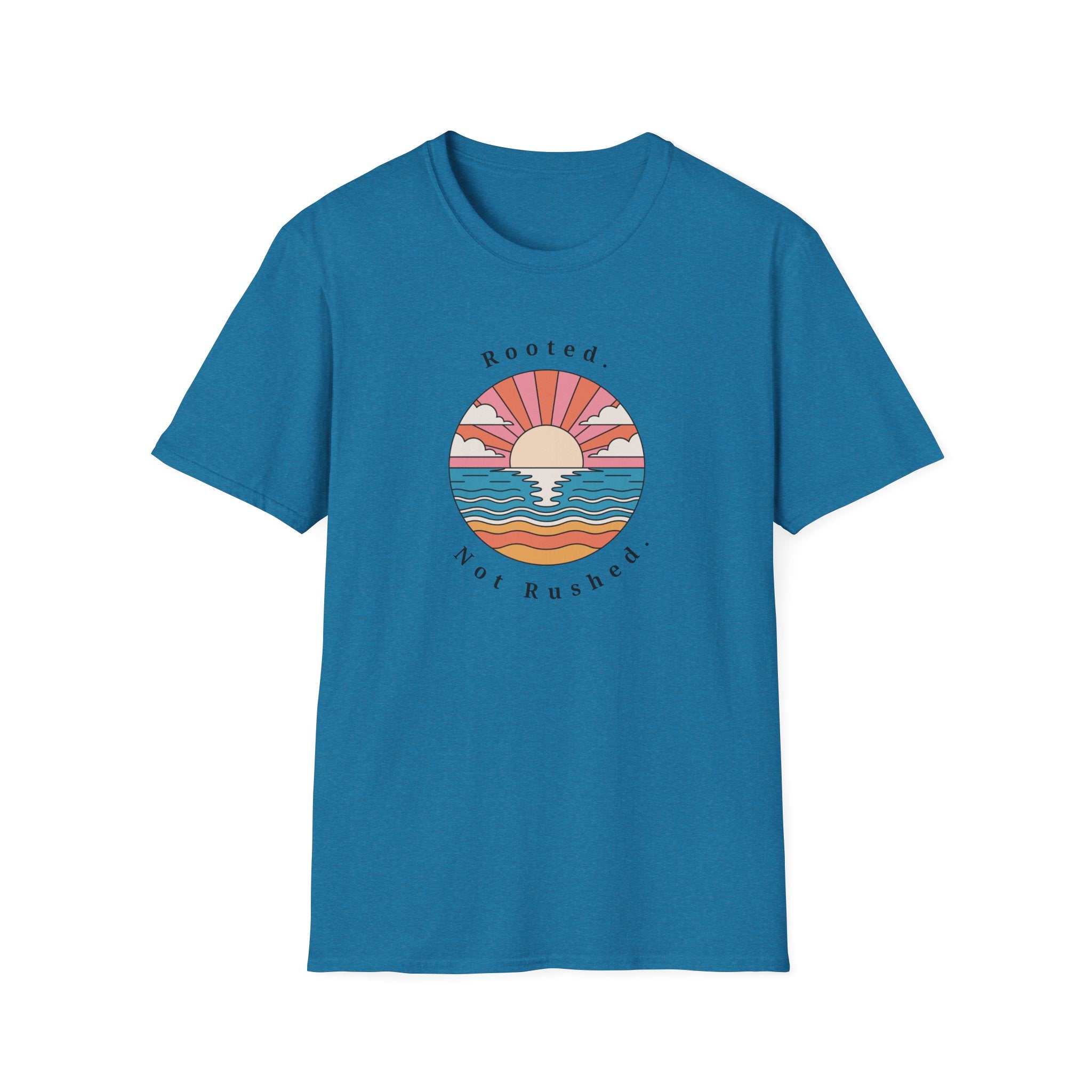 Rooted. Not Rushed. Sunset T-Shirt - Retro Beach Tee - Hippie at Heart
