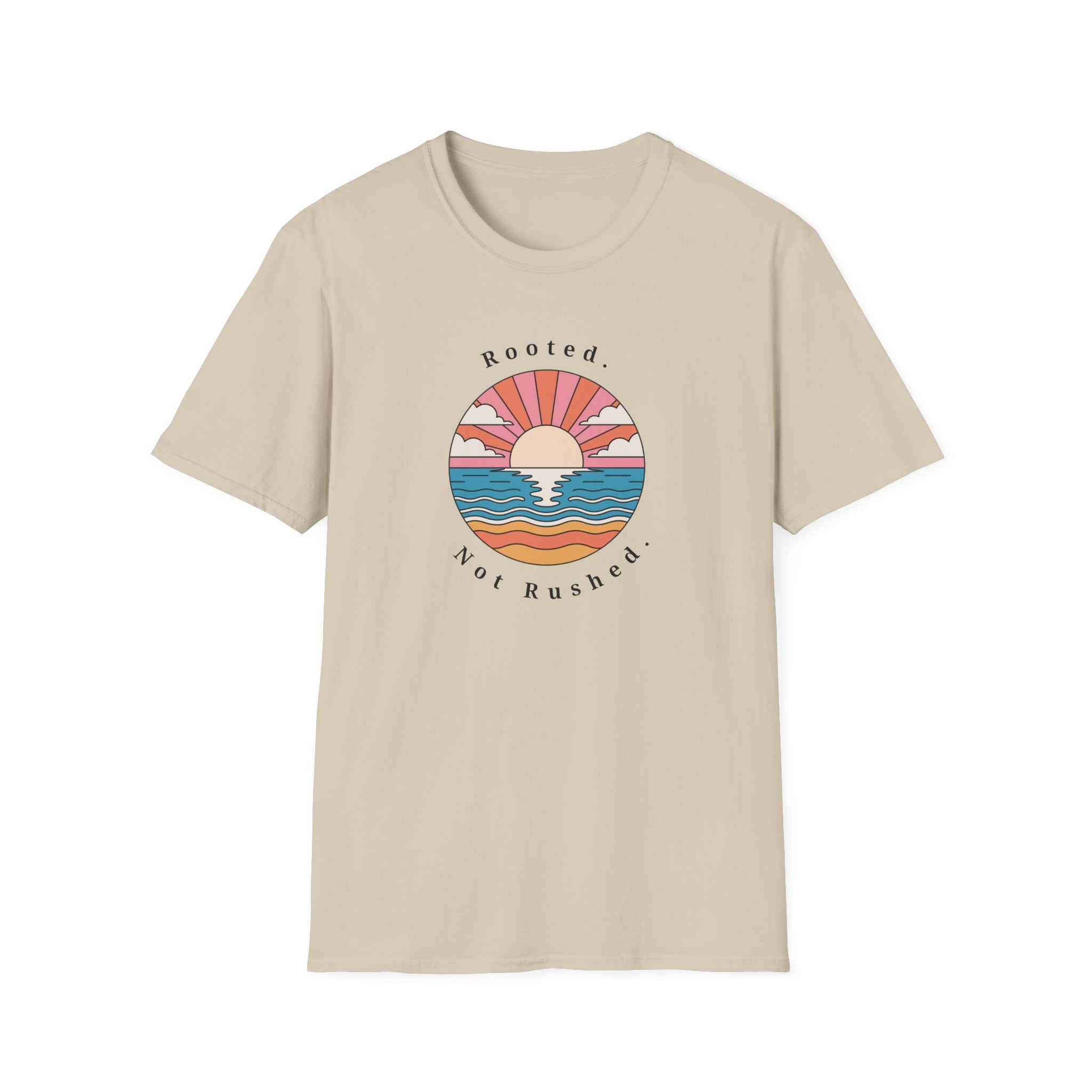 Rooted. Not Rushed. Sunset T-Shirt - Retro Beach Tee - Hippie at Heart