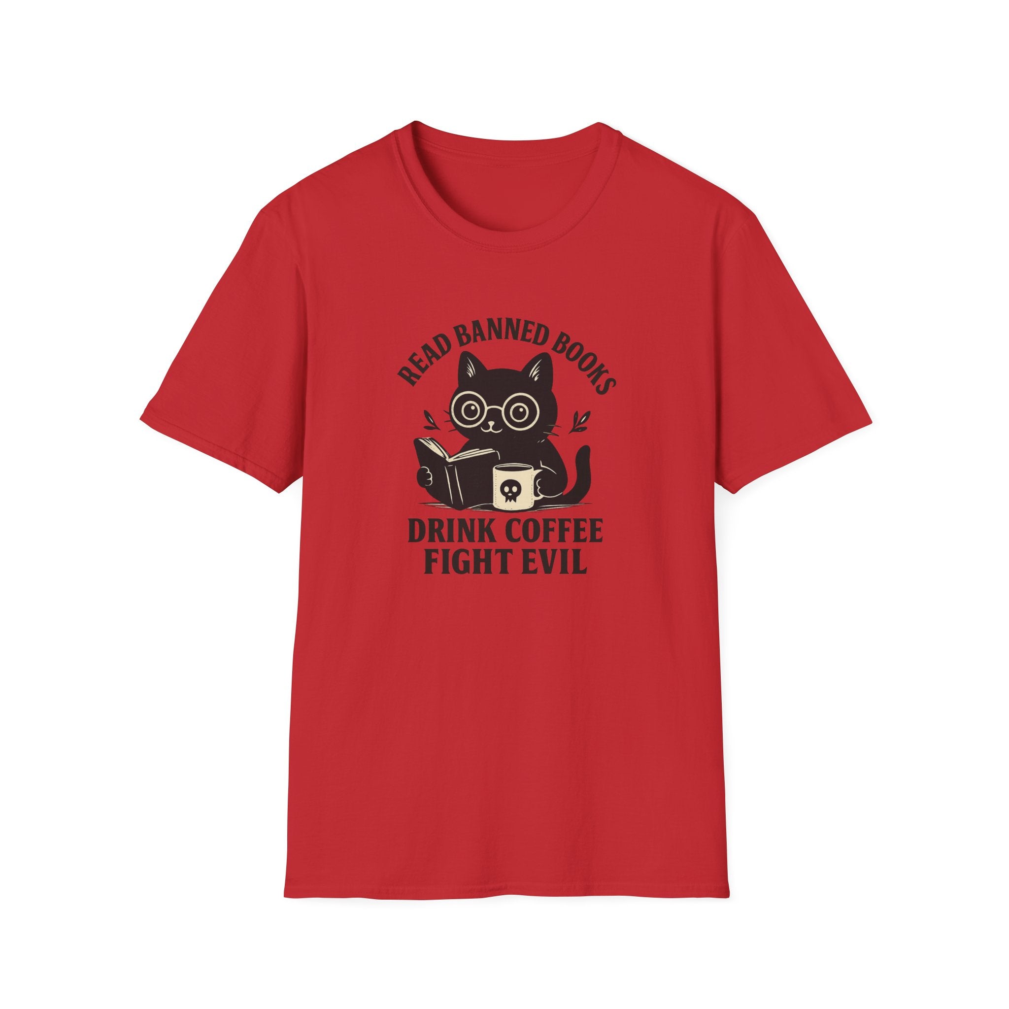 Read Banned Books Drink Coffee Fight Evil Cat ~ Conspiracy Theorist Graphic Tee
