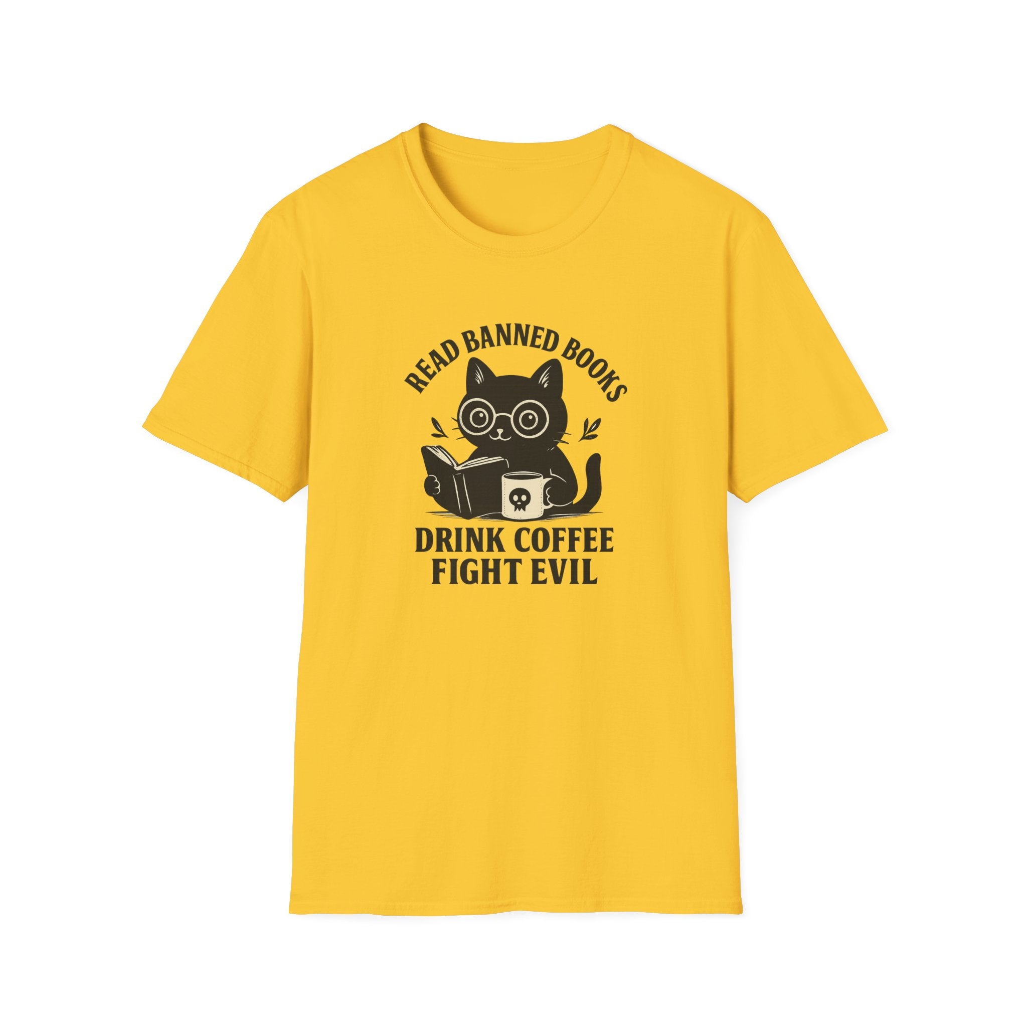 Read Banned Books Drink Coffee Fight Evil Cat ~ Conspiracy Theorist Graphic Tee
