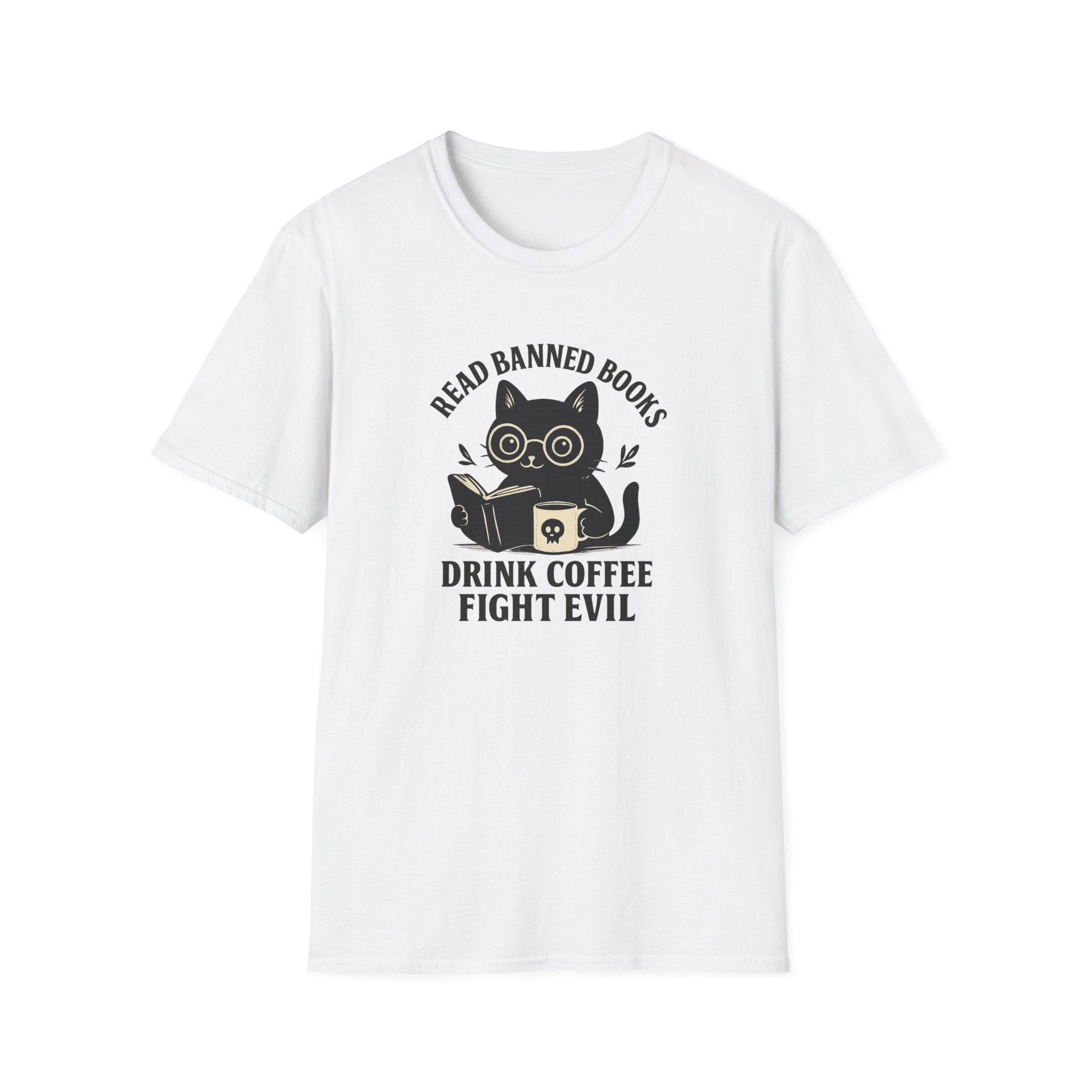 Read Banned Books Drink Coffee Fight Evil Cat ~ Conspiracy Theorist Graphic Tee