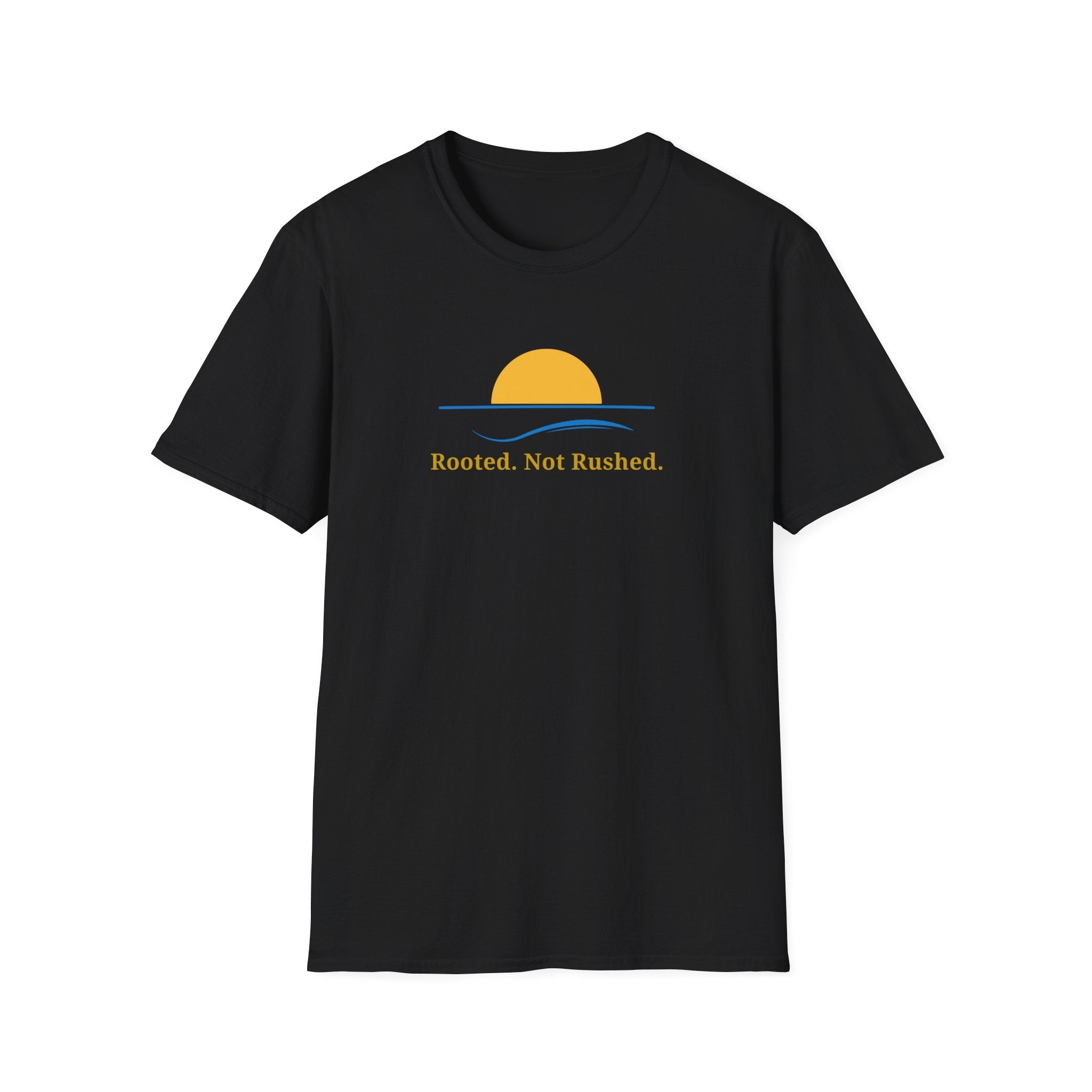 Rooted. Not Rushed. T-Shirt - Minimal Sunset Graphic Tee - Hippie at Heart