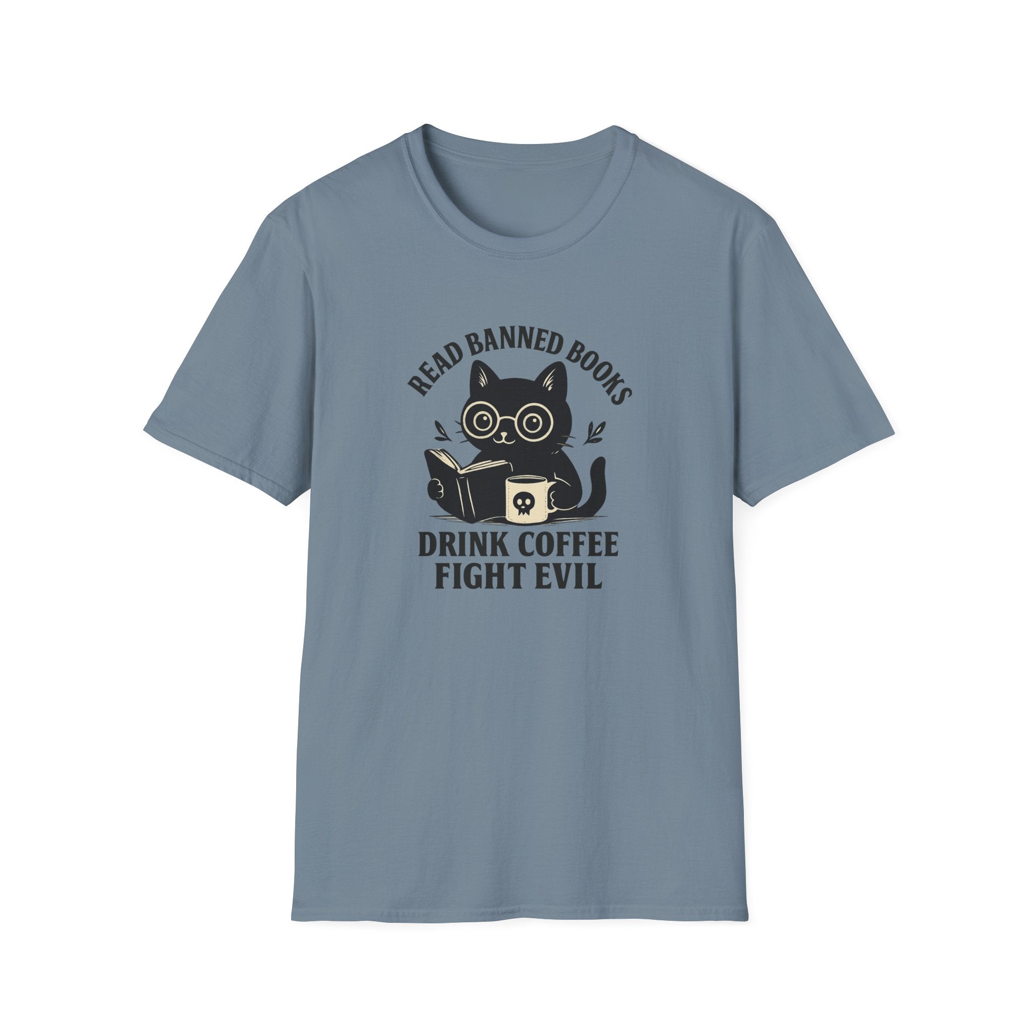 Read Banned Books Drink Coffee Fight Evil Cat ~ Conspiracy Theorist Graphic Tee