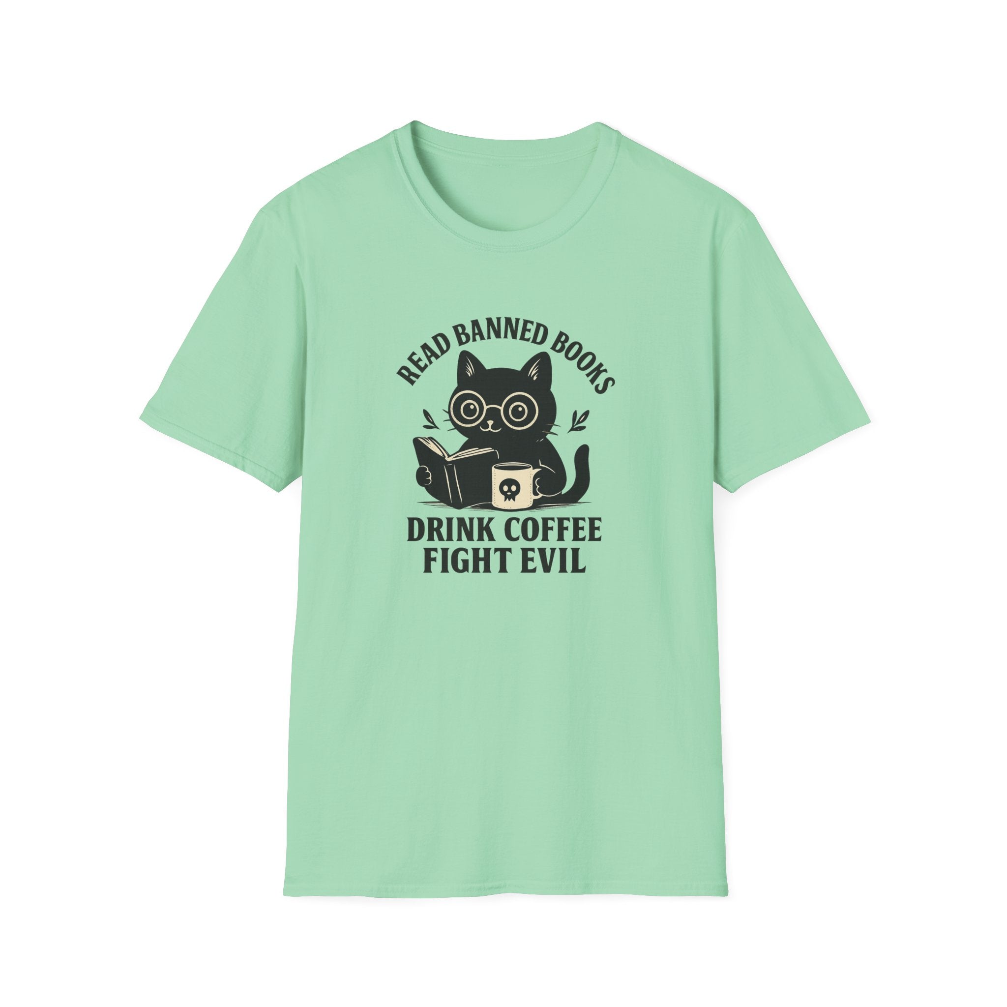 Read Banned Books Drink Coffee Fight Evil Cat ~ Conspiracy Theorist Graphic Tee