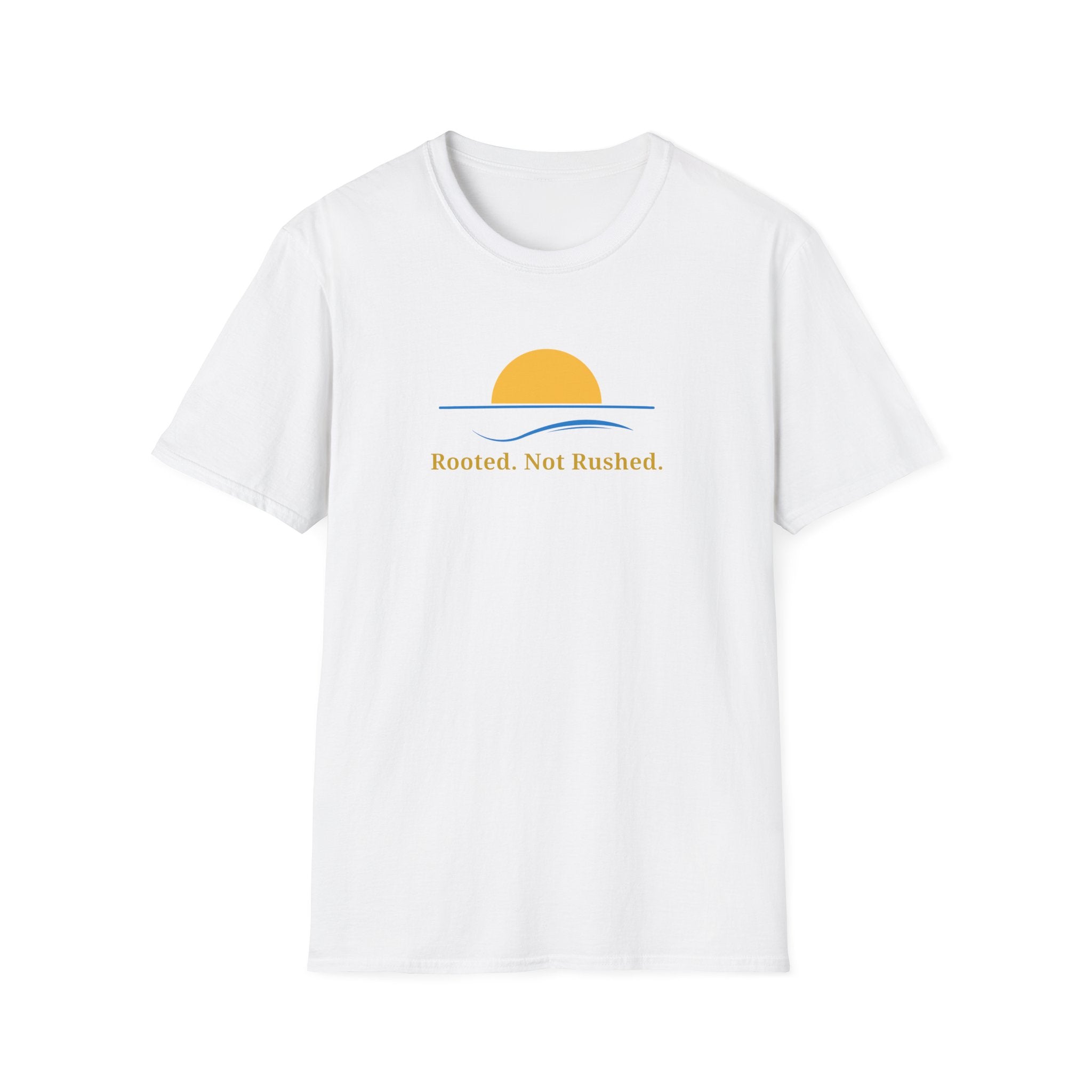 Rooted. Not Rushed. T-Shirt - Minimal Sunset Graphic Tee - Hippie at Heart