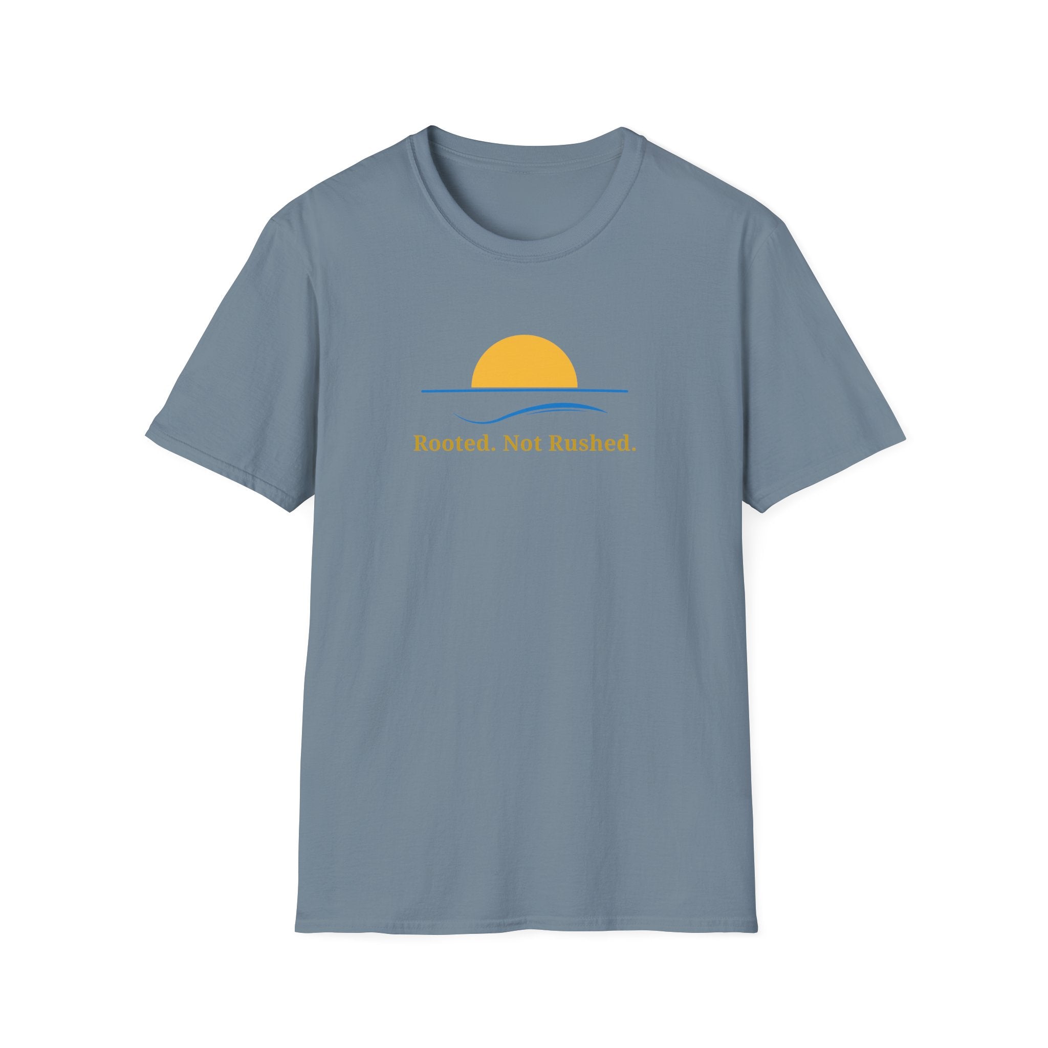 Rooted. Not Rushed. T-Shirt - Minimal Sunset Graphic Tee - Hippie at Heart