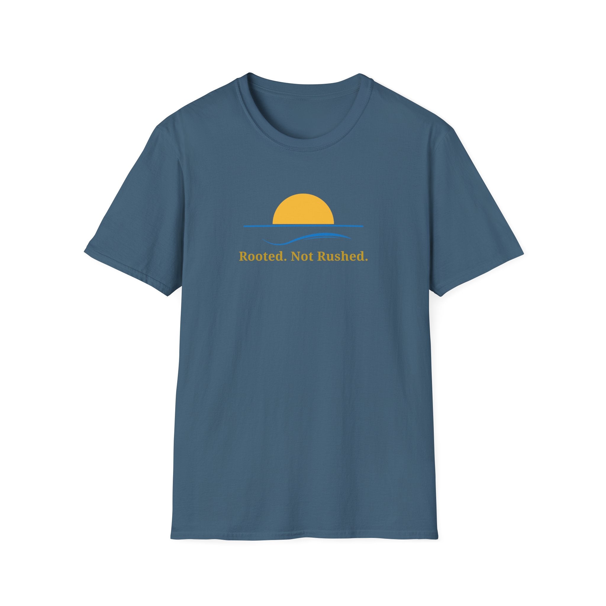 Rooted. Not Rushed. T-Shirt - Minimal Sunset Graphic Tee - Hippie at Heart