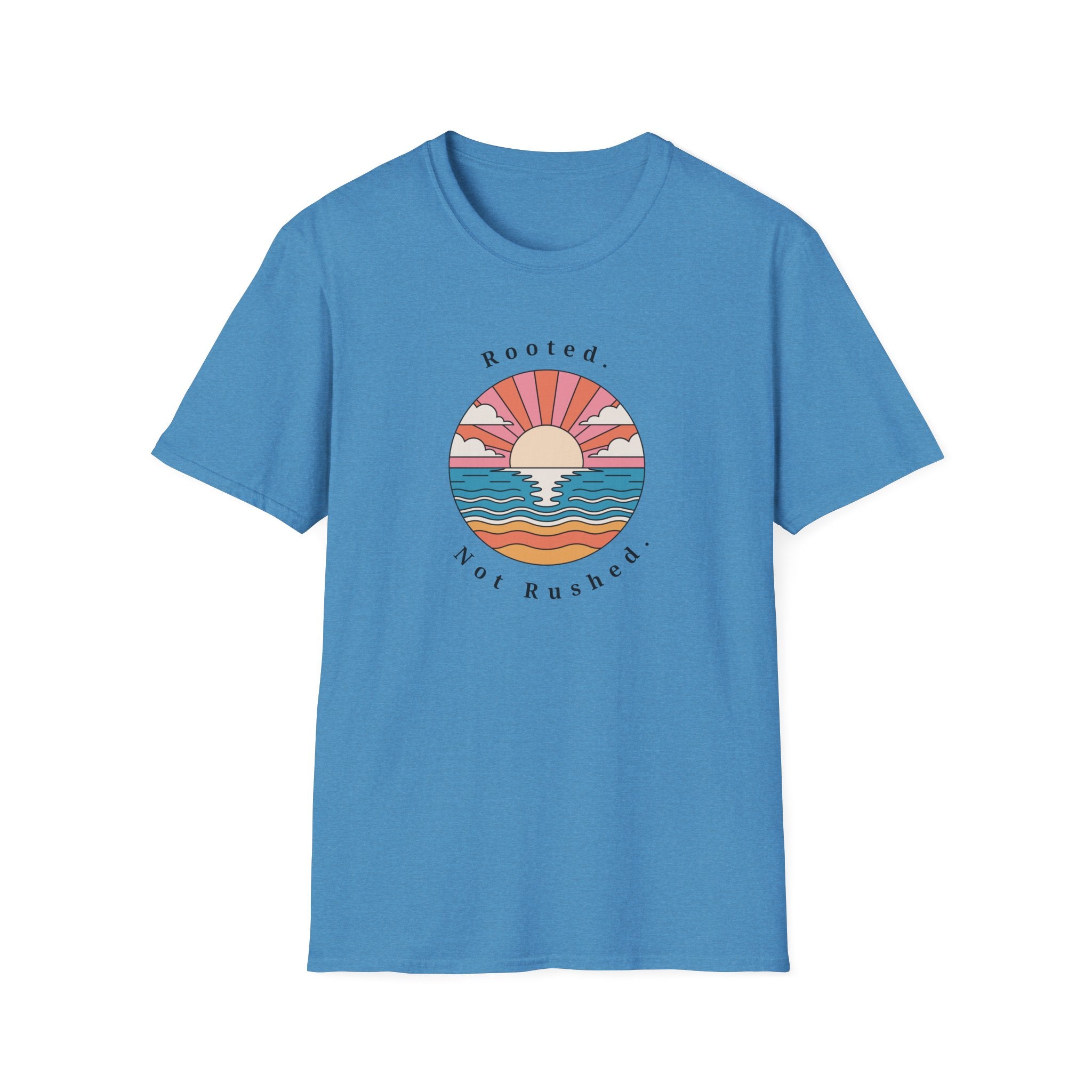 Rooted. Not Rushed. Sunset T-Shirt - Retro Beach Tee - Hippie at Heart