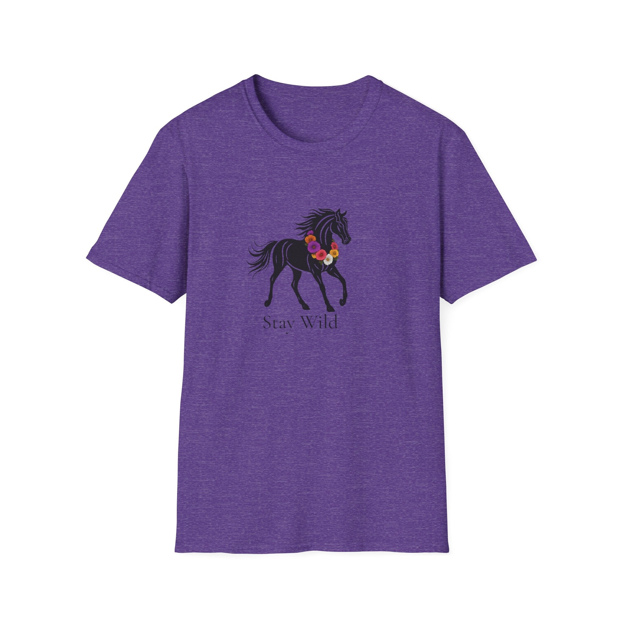 Stay Wild Tee - Black Horse With Flower Wreath - Hippie at Heart