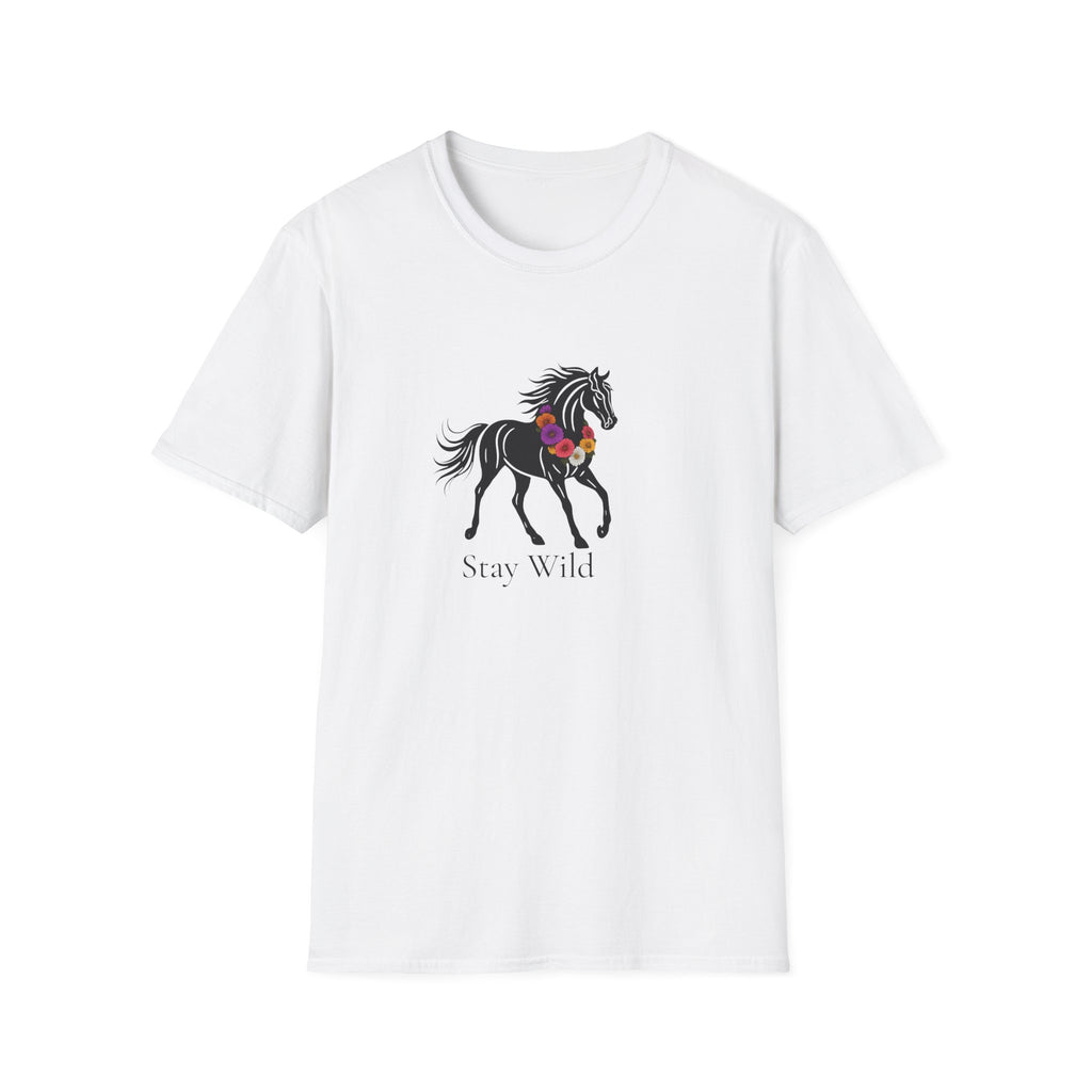 Stay Wild Tee - Black Horse With Flower Wreath - Hippie at Heart