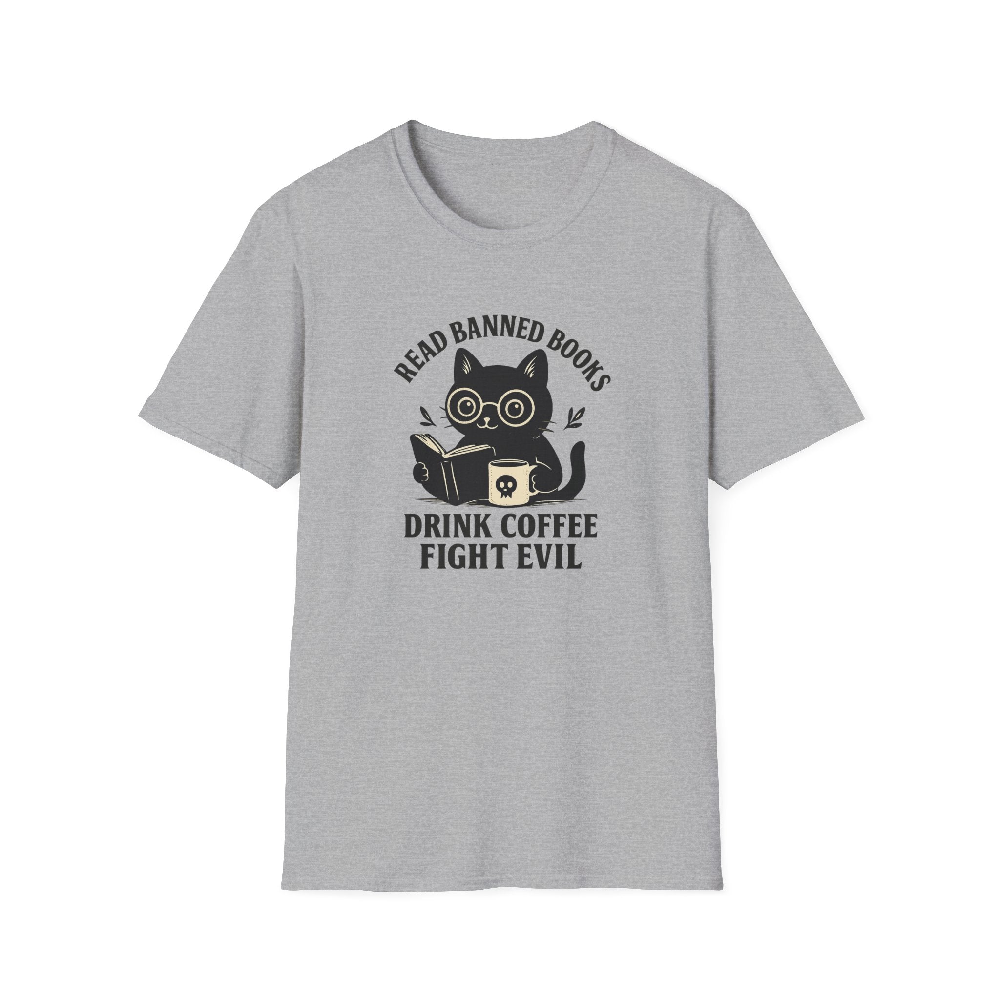 Read Banned Books Drink Coffee Fight Evil Cat ~ Conspiracy Theorist Graphic Tee