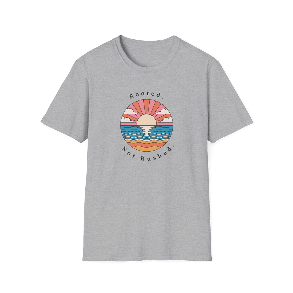 Rooted. Not Rushed. Sunset T-Shirt - Retro Beach Tee - Hippie at Heart
