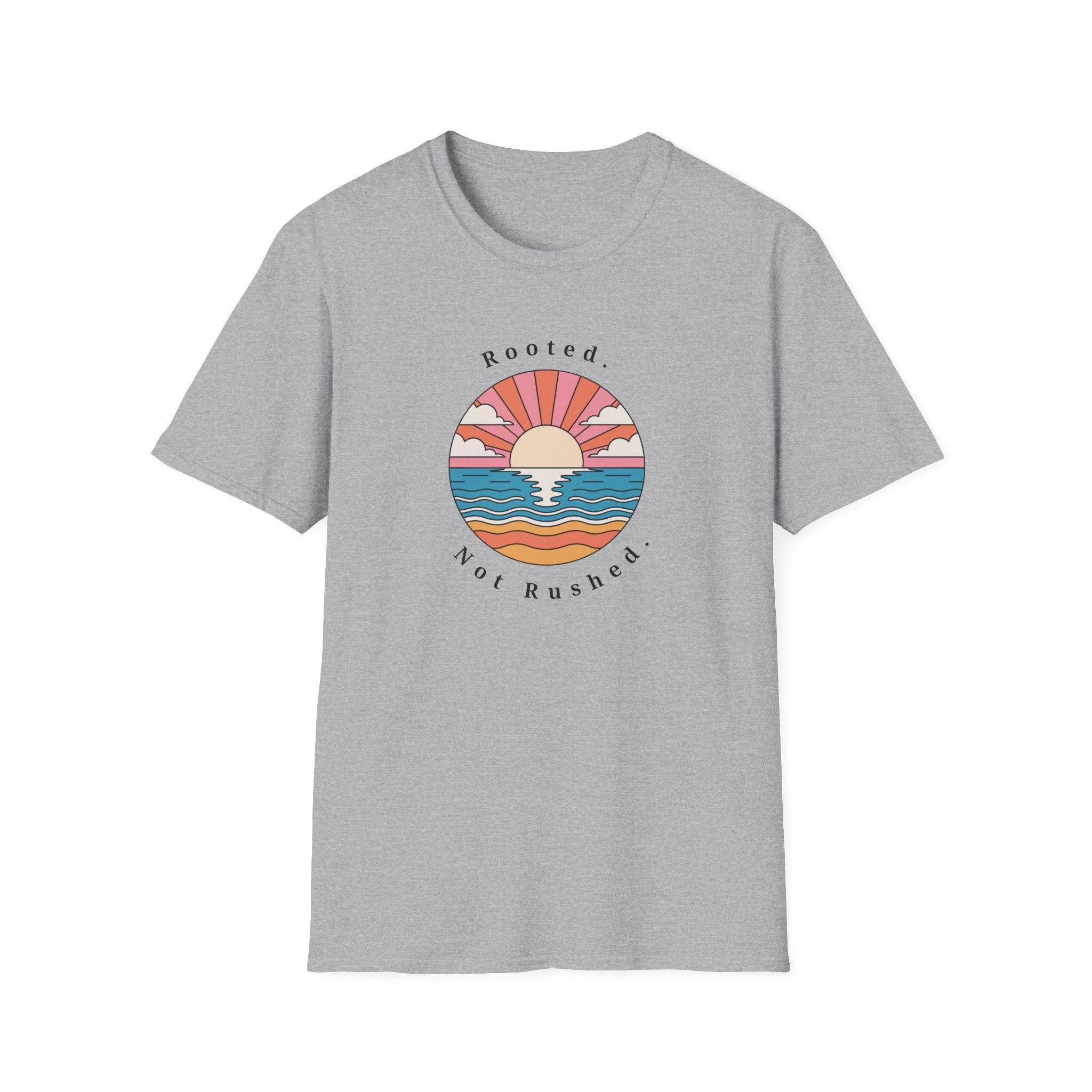Rooted. Not Rushed. Sunset T-Shirt - Retro Beach Tee - Hippie at Heart