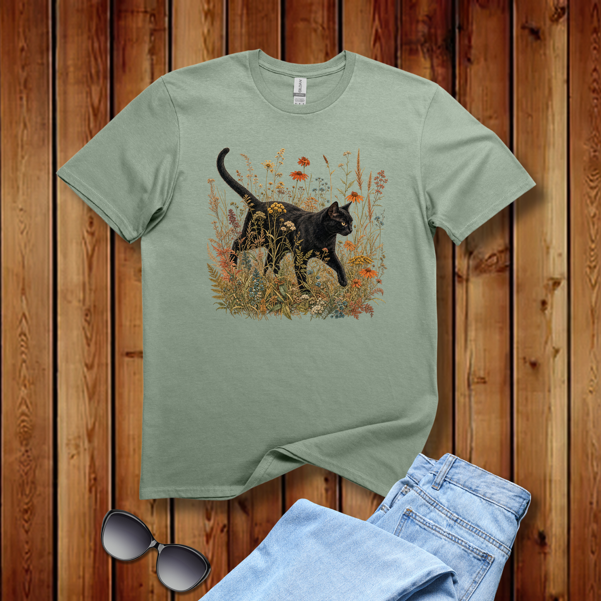 Black Cat in Wildflowers Vintage Boho Graphic Tee - Hippie at Heart