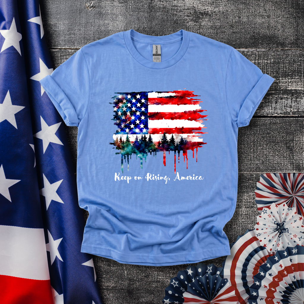 Keep on Rising, America - Patriotic American Flag Forest Tee - Hippie at Heart