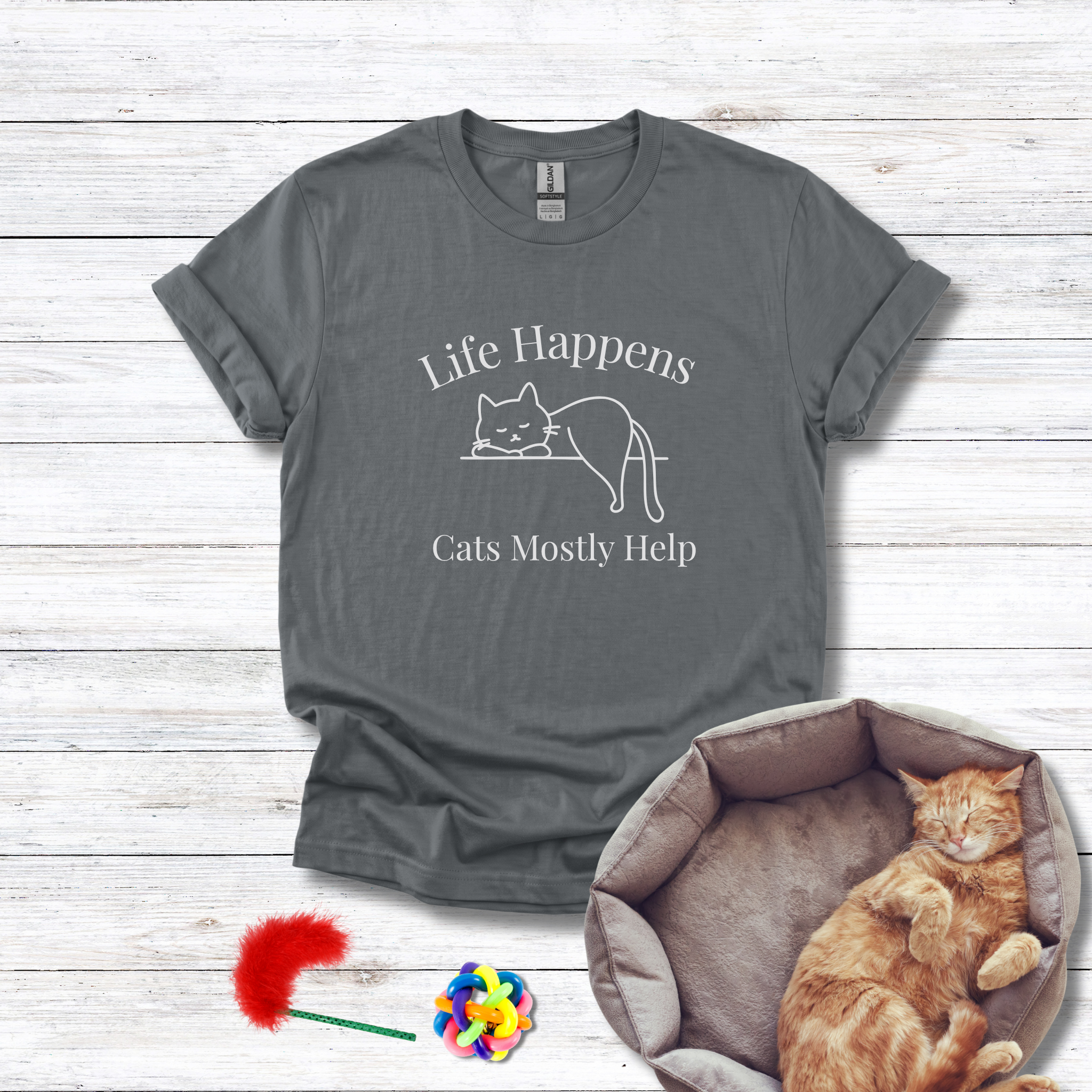 Life Happens, Cats Mostly Help - Relaxed Graphic Cat T-Shirt - Hippie at Heart
