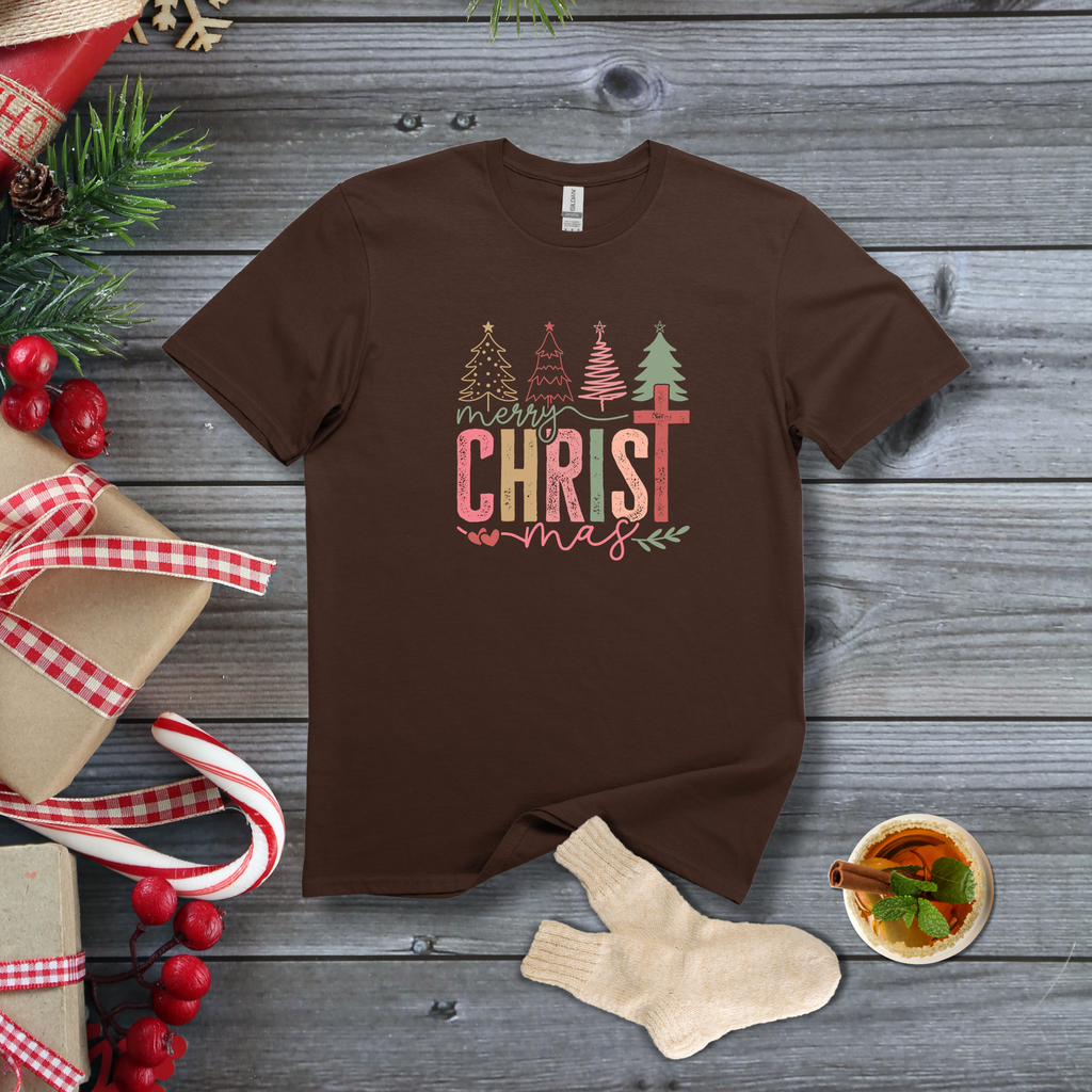 Merry ChrisT-mas - Pastel Christmas Trees & Cross Holiday Tee - Hippie at Heart