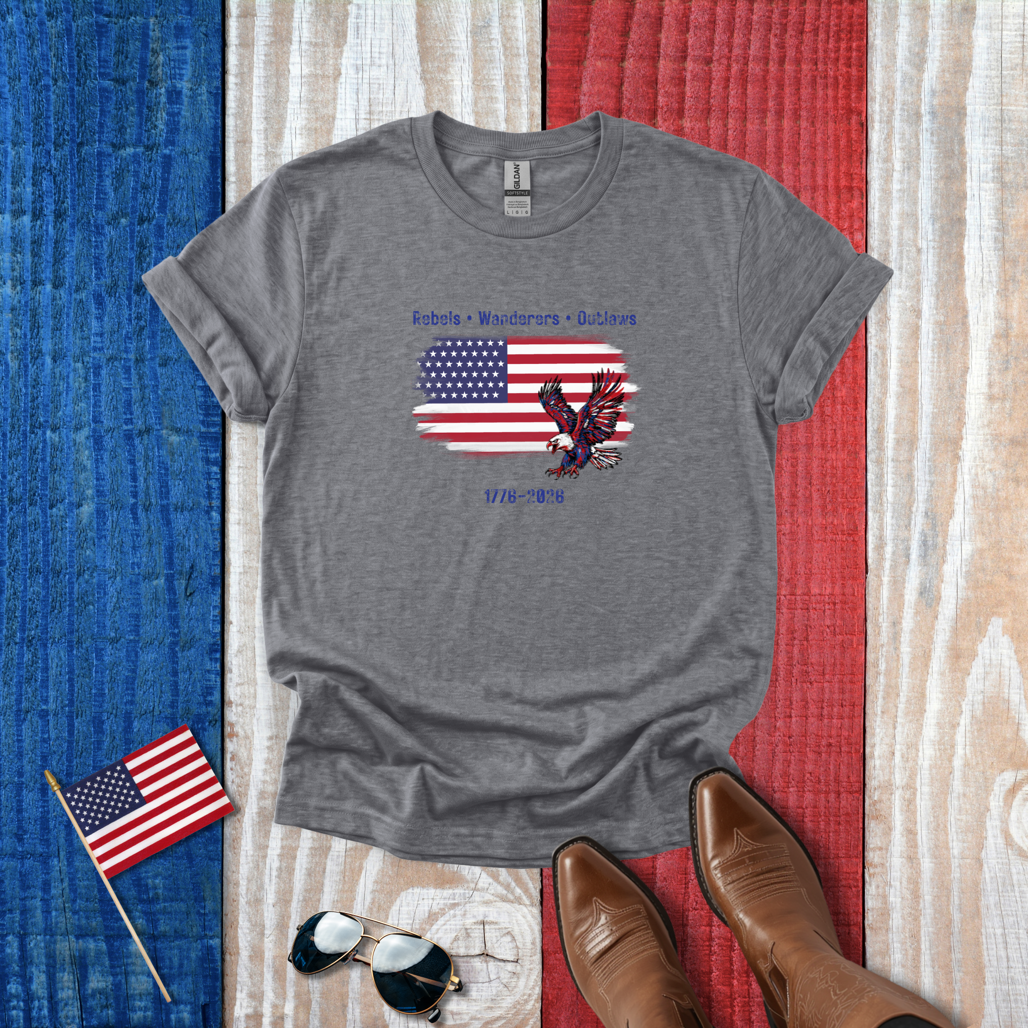 Rebels • Wanderers • Outlaws - American Flag Eagle T-Shirt - Vintage Patriotic Tee - Hippie at Heart