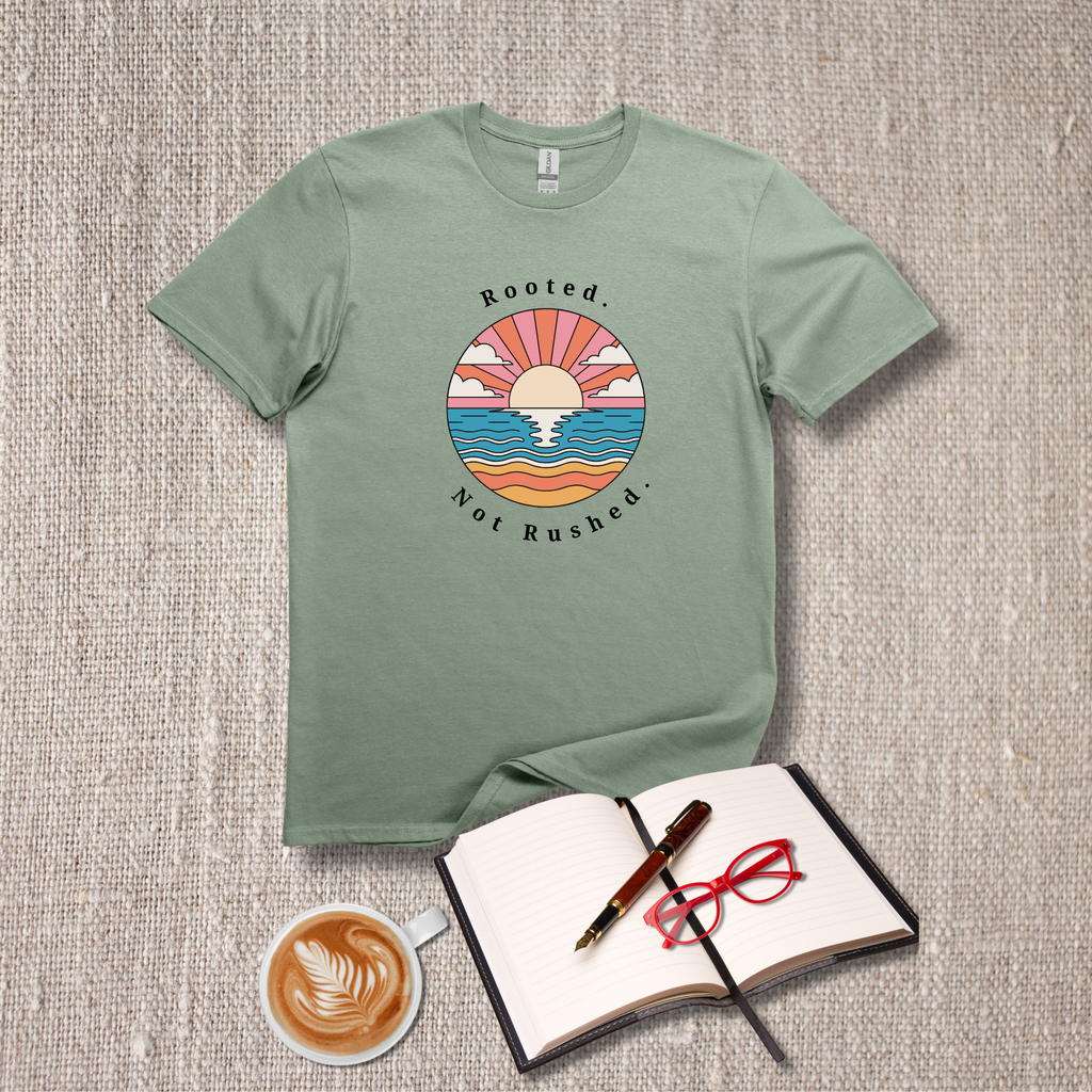 Rooted. Not Rushed. Sunset T-Shirt - Retro Beach Tee - Hippie at Heart