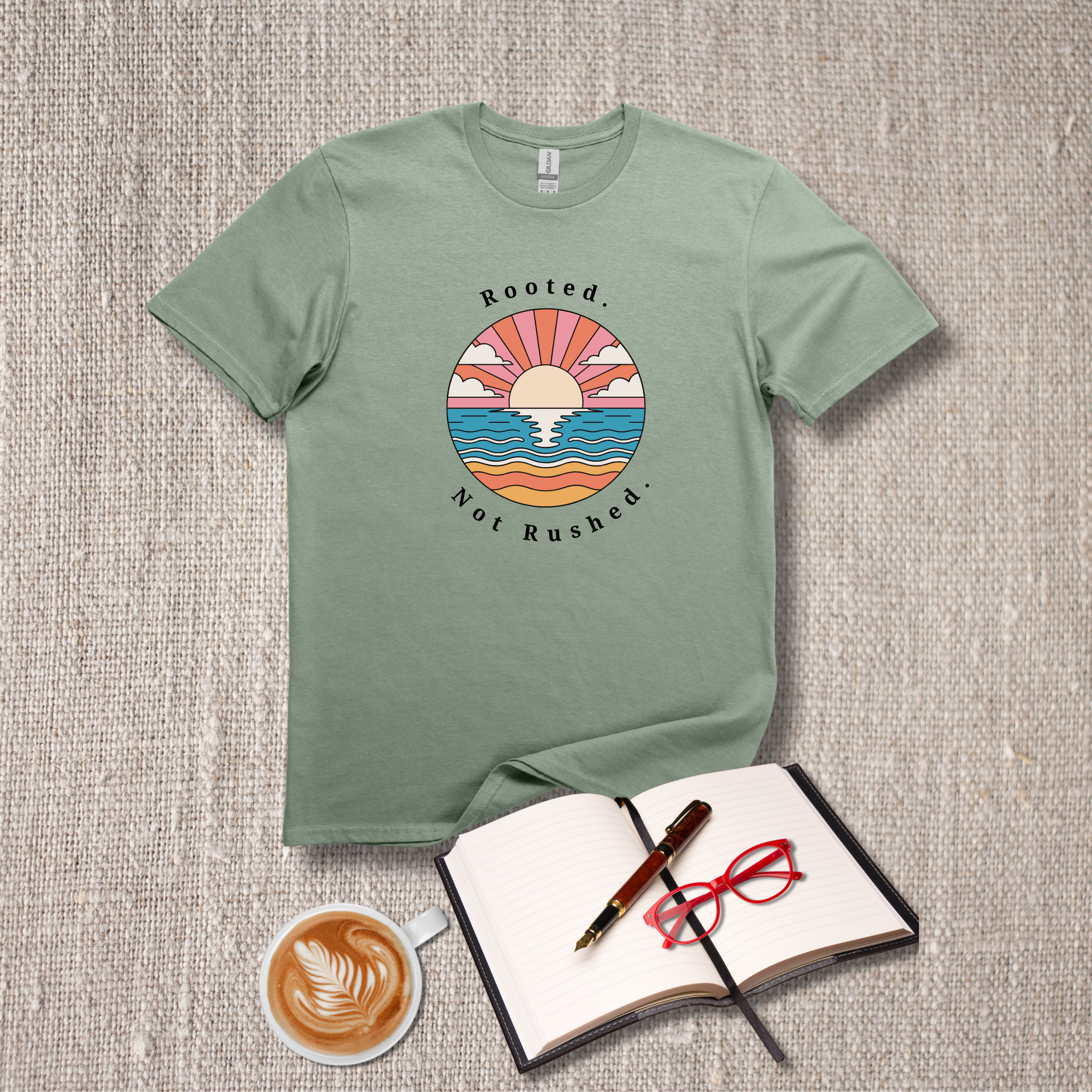 Rooted. Not Rushed. Sunset T-Shirt - Retro Beach Tee - Hippie at Heart