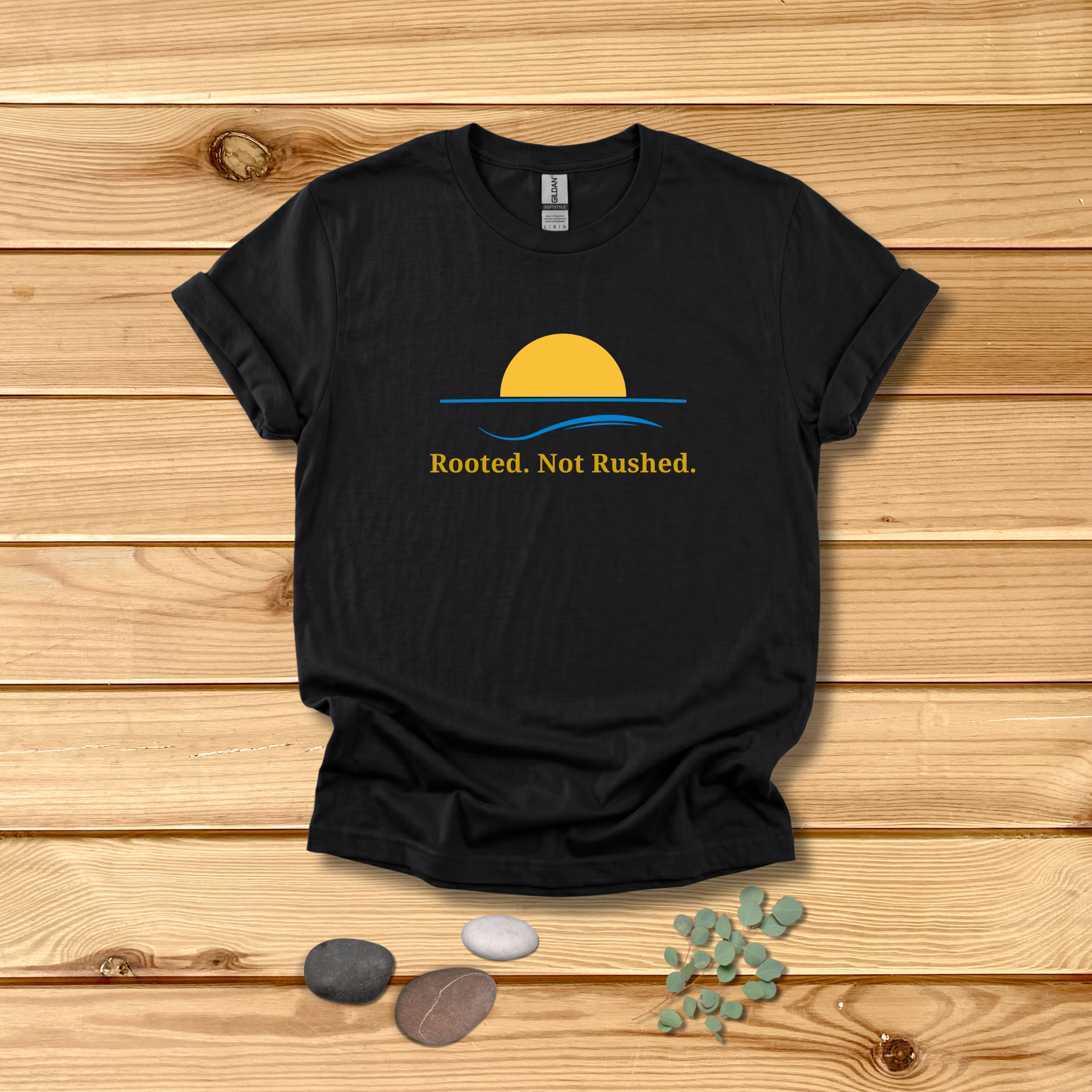 Rooted. Not Rushed. T-Shirt - Minimal Sunset Graphic Tee - Hippie at Heart