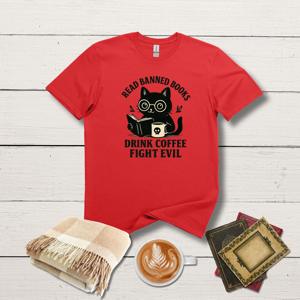 Read Banned Books Drink Coffee Fight Evil Cat ~ Conspiracy Theorist Graphic Tee