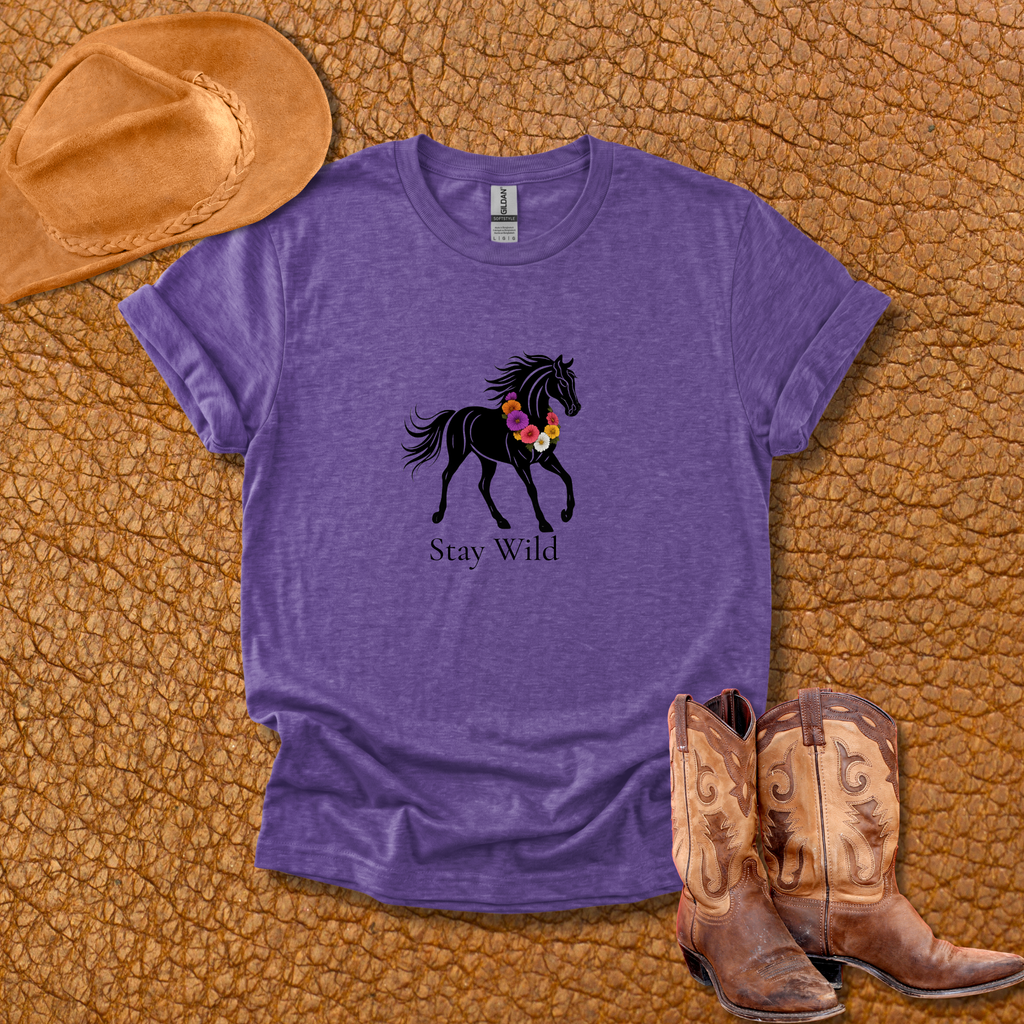Stay Wild Tee - Black Horse With Flower Wreath - Hippie at Heart